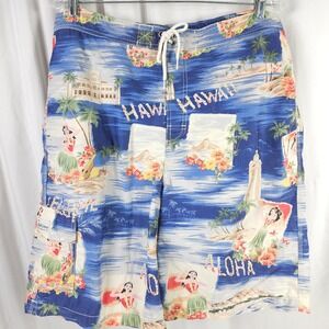 Polo Ralph Lauren Mens Swim Trunks Board Shorts Large Blue Hawaiian Cotton Nylon